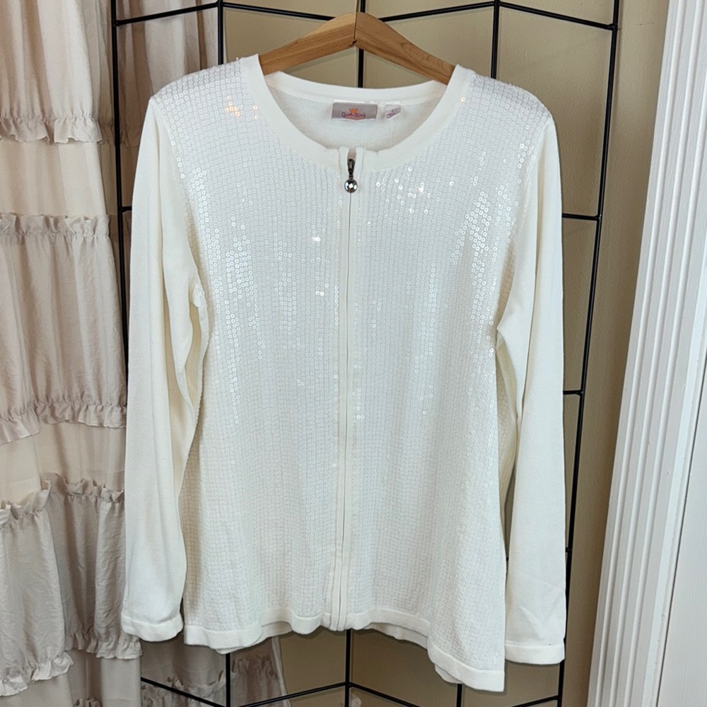 Quacker Factory Ivory Cardigan with Sequined Front Full Zip Size L NWOT